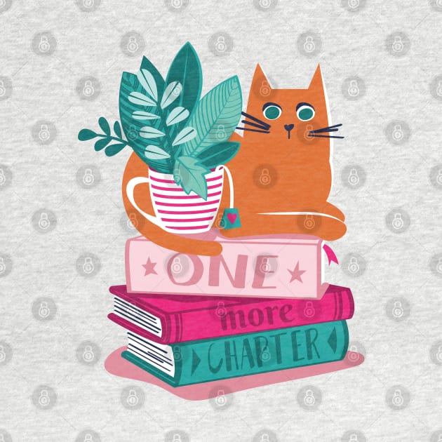 One more chapter // spot // pastel pink background orange tabby cat striped mug with plants orange teal and yellow books with quote by SelmaCardoso